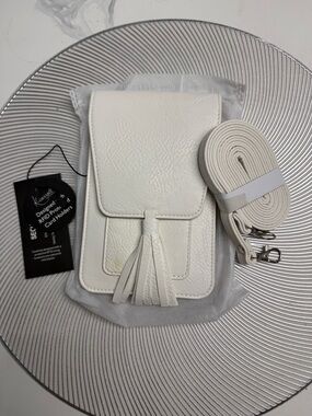 Crossbody phone or essential White Tassel Bag - 2 compartments, card slots RFID